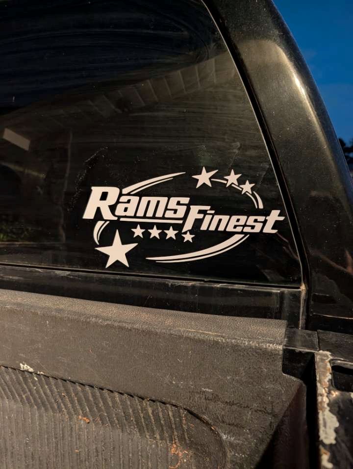 Rams Finest truck club decal close-up on rear glass