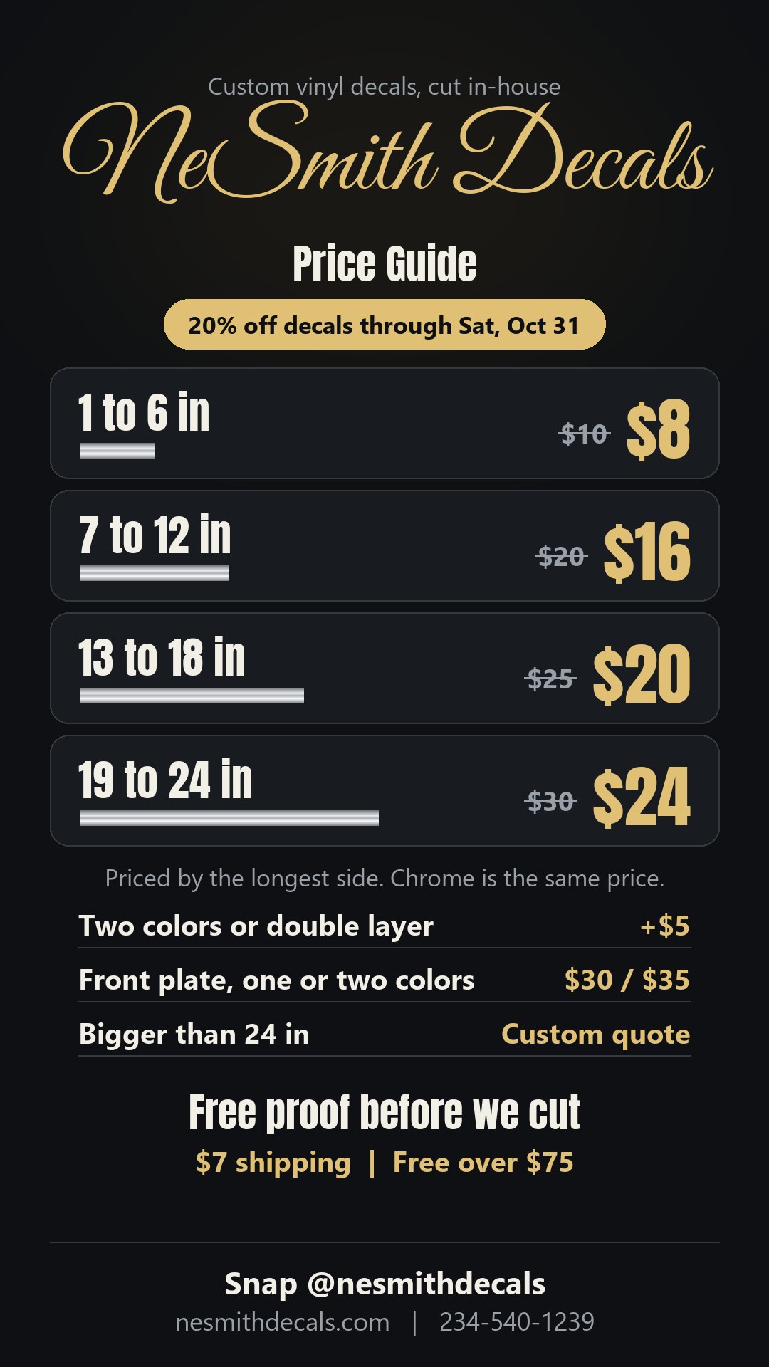 NeSmith Decals price guide: 1 to 6 inches $10, 7 to 12 inches $20, 13 to 18 inches $25, 19 to 24 inches $30, two colors or double layer add $5, front plates $30 or $35, bigger than 24 inches is a custom quote, $7 shipping, free over $75.
