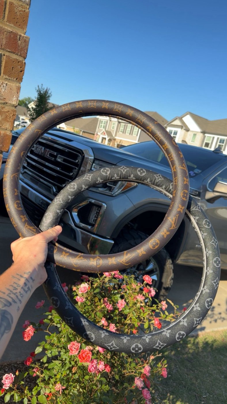 Brown and black monogram steering wheel covers