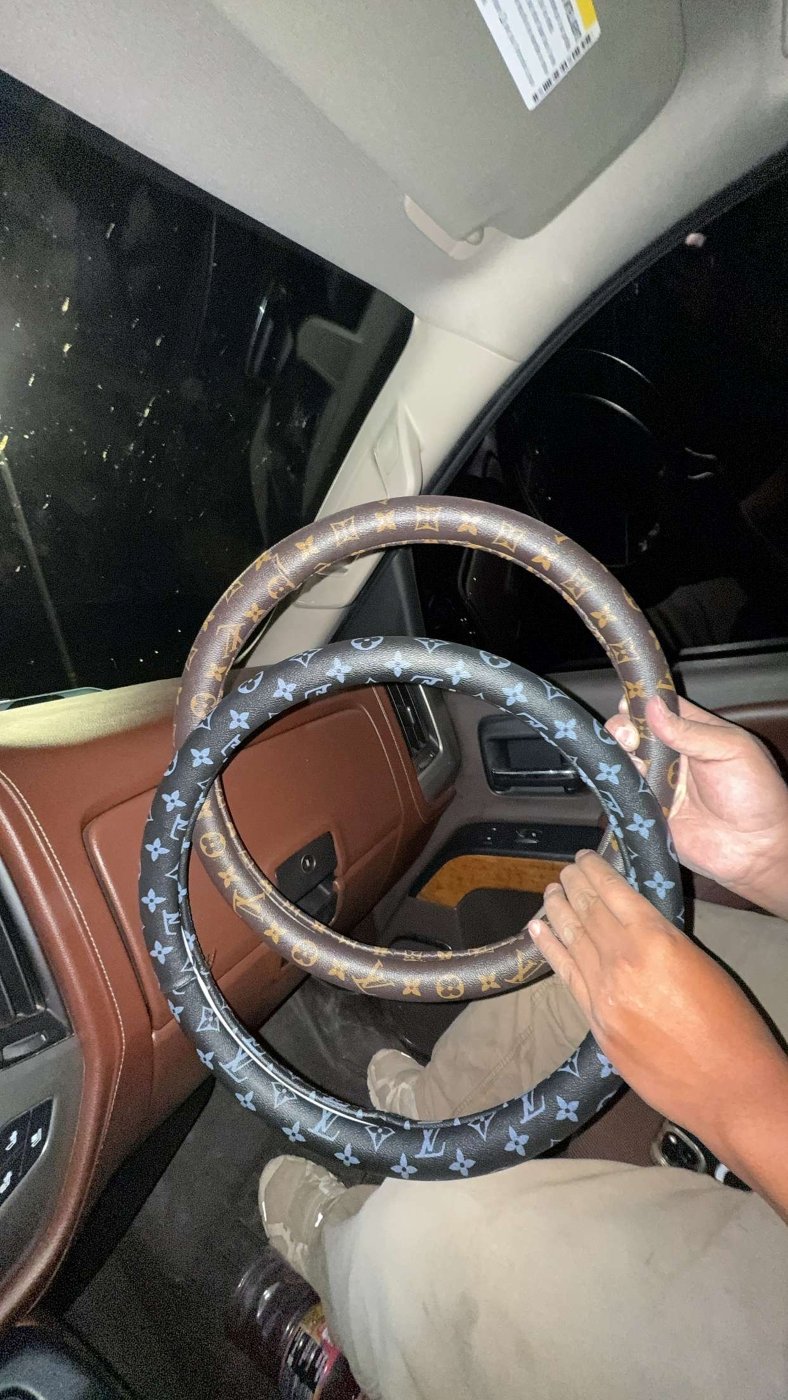 Custom steering wheel covers inside a truck cab